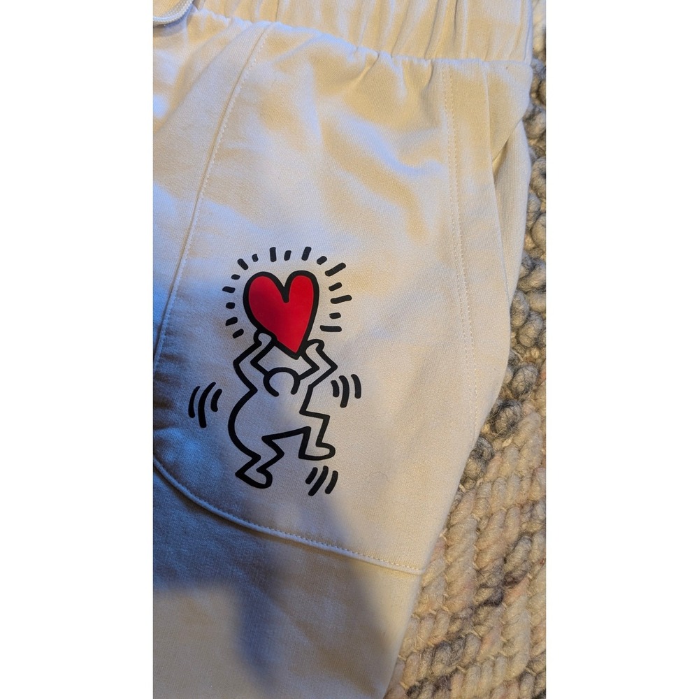Keith Haring Graphic Joggers Cream Fleece Sweatpants Womens M retro streetwear - Picture 7 of 8